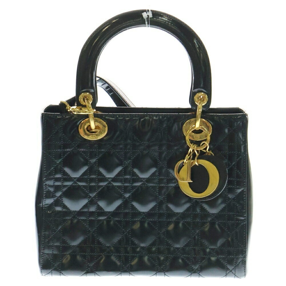 Christian Dior Lady Bag Shoulder Handbag Tote Black Leather